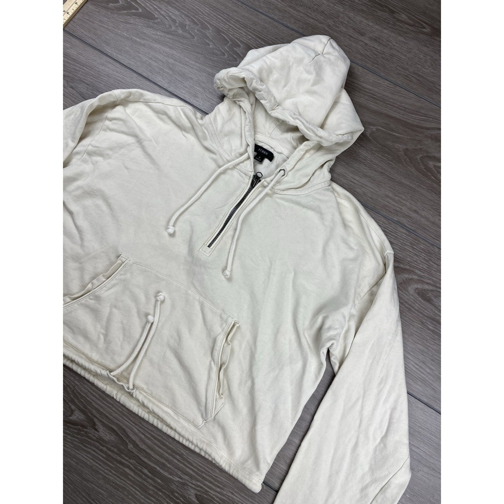 J Crew Women's Cropped 1/4 Zip Hooded Sweatshirt Beige Size Small Read